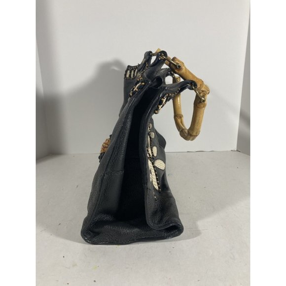 Isabella Fiore Black Beaded & Woven Leather Clutch Handbag With Wooden Handles - Picture 3 of 6